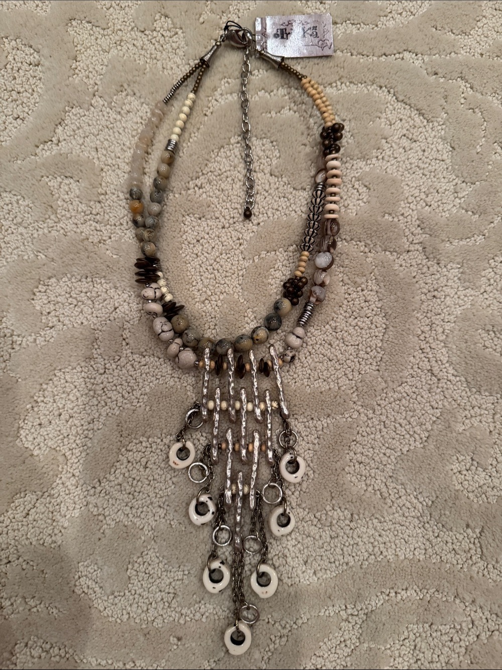 Treska Mixed Media Beaded Multi-Strand Necklace in Cream, Brown, Silver - NWT